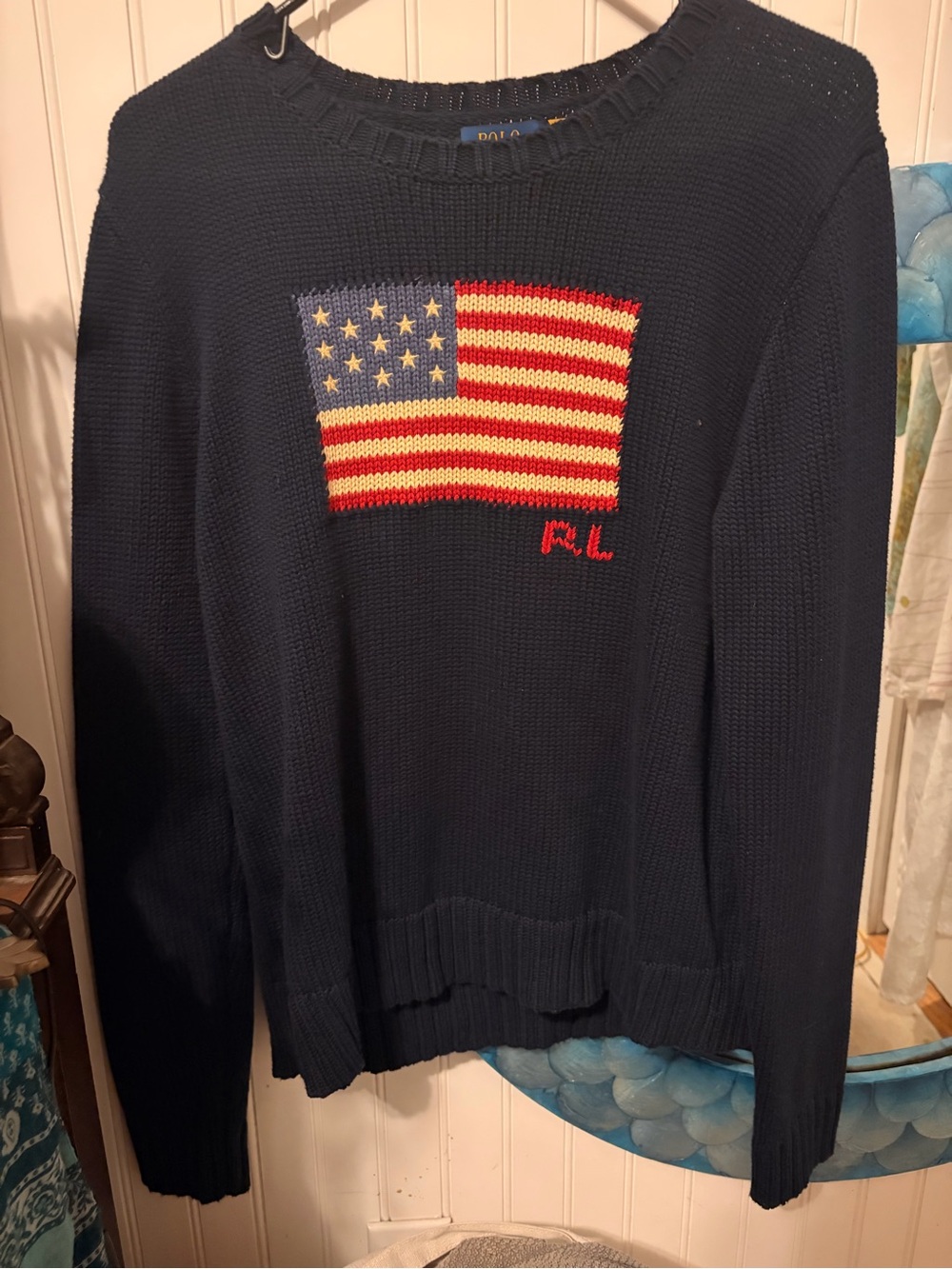 Ralph Lauren Navy Crewneck Sweater with Flag Motif